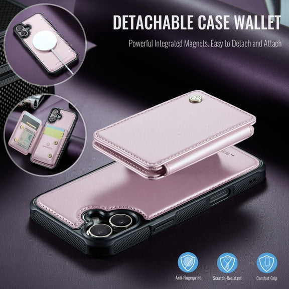 For iPhone 16 JEEHOOD J05 Business Magnetic Style RFID Leather Phone Case(Pink)