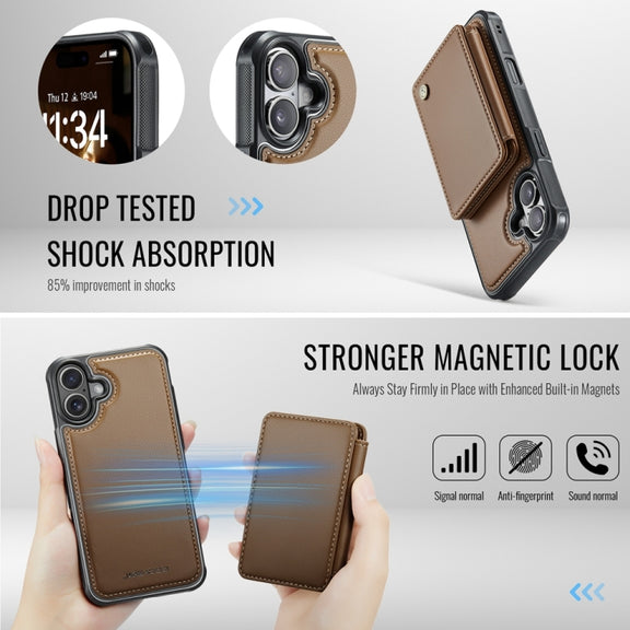 For iPhone 16 JEEHOOD J05 Business Magnetic Style RFID Leather Phone Case(Brown)