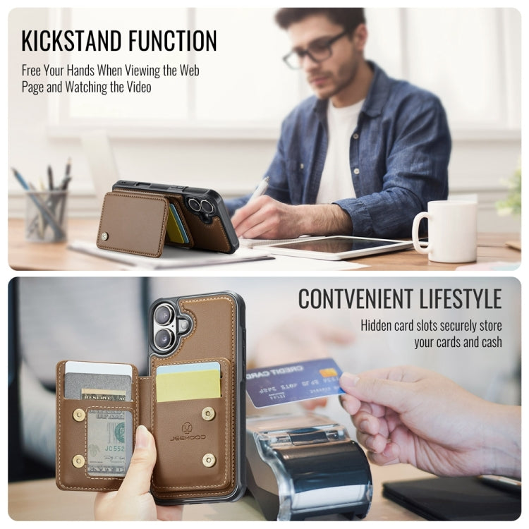 For iPhone 16 JEEHOOD J05 Business Magnetic Style RFID Leather Phone Case(Brown)
