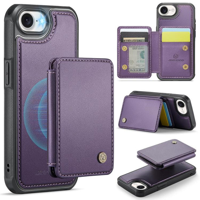 For iPhone 16e JEEHOOD J05 Business Magnetic Style RFID Leather Phone Case(Purple)