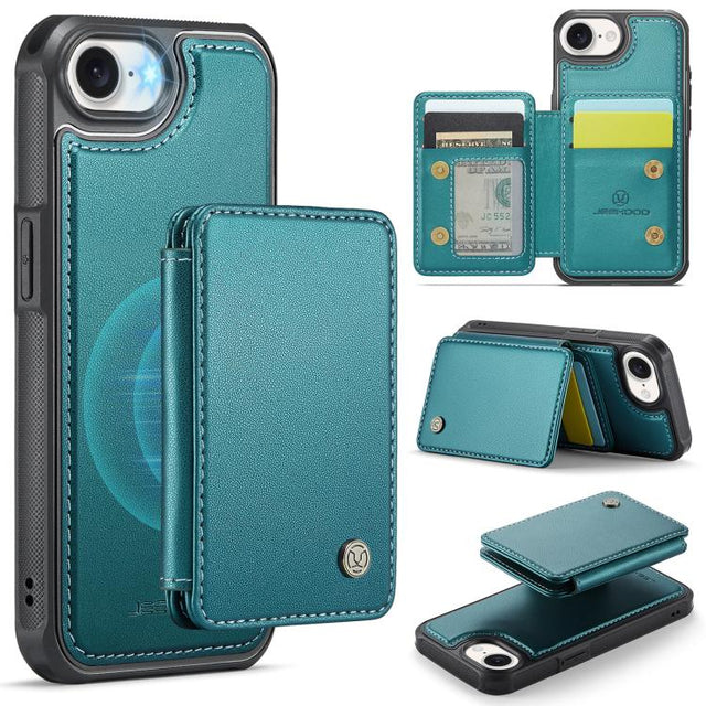 For iPhone 16e JEEHOOD J05 Business Magnetic Style RFID Leather Phone Case(Blue Green)