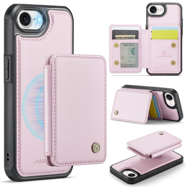 For iPhone 16e JEEHOOD J05 Business Magnetic Style RFID Leather Phone Case(Pink)