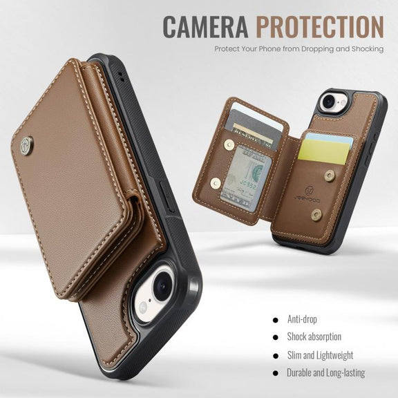 For iPhone 16e JEEHOOD J05 Business Magnetic Style RFID Leather Phone Case(Brown)