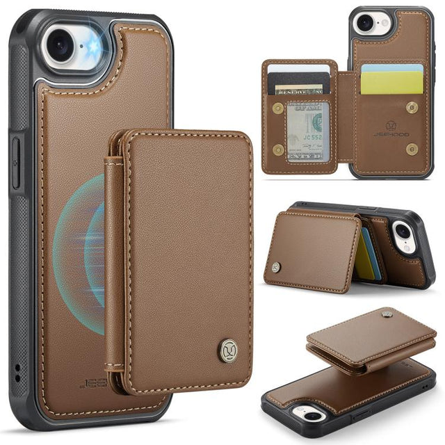 For iPhone 16e JEEHOOD J05 Business Magnetic Style RFID Leather Phone Case(Brown)