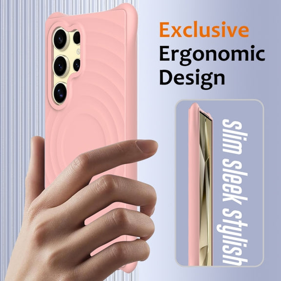 For Samsung Galaxy S25 Ultra 5G Wave Texture MagSafe Magnetic Liquid Silicone Phone Case(Pink)