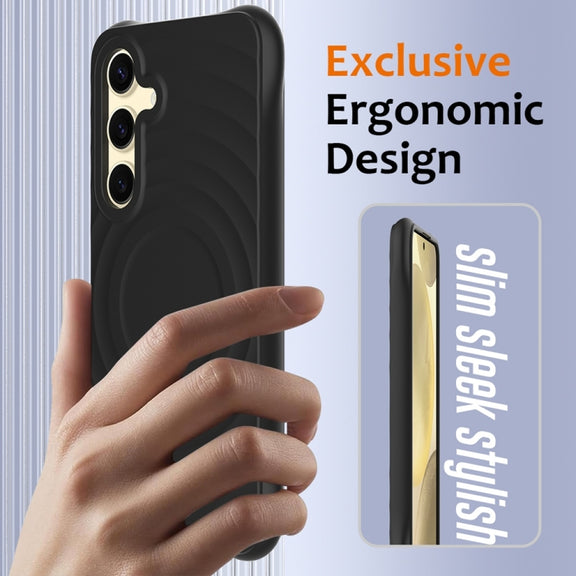 For Samsung Galaxy S25+ 5G Wave Texture MagSafe Magnetic Liquid Silicone Phone Case(Black)