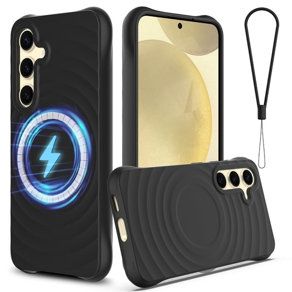 For Samsung Galaxy S25 5G Wave Texture MagSafe Magnetic Liquid Silicone Phone Case(Black)