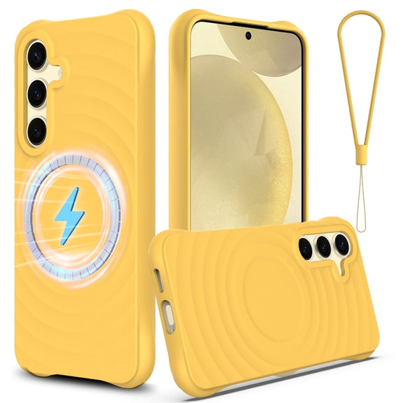 For Samsung Galaxy S25 5G Wave Texture MagSafe Magnetic Liquid Silicone Phone Case(Yellow)