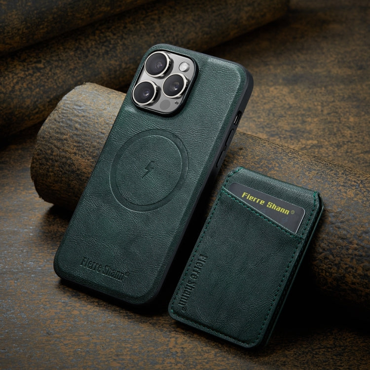 For iPhone 15 Pro Max Fierre Shann Cowhide Vertical Flip Magnetic Card Holder Phone Case(Green)