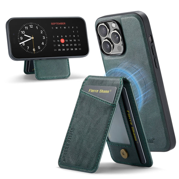 For iPhone 15 Pro Max Fierre Shann Cowhide Vertical Flip Magnetic Card Holder Phone Case(Green)