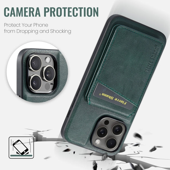 For iPhone 15 Pro Max Fierre Shann Cowhide Vertical Flip Magnetic Card Holder Phone Case(Green)