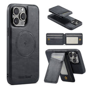 For iPhone 16 Pro Max Fierre Shann Cowhide Vertical Flip Magnetic Card Holder Phone Case(Black)