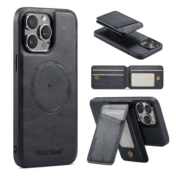 For iPhone 16 Pro Max Fierre Shann Cowhide Vertical Flip Magnetic Card Holder Phone Case(Black)