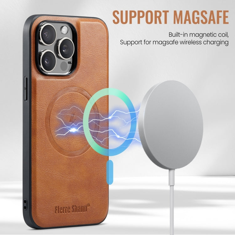 For iPhone 16 Pro Max Fierre Shann Cowhide Vertical Flip Magnetic Card Holder Phone Case(Brown)