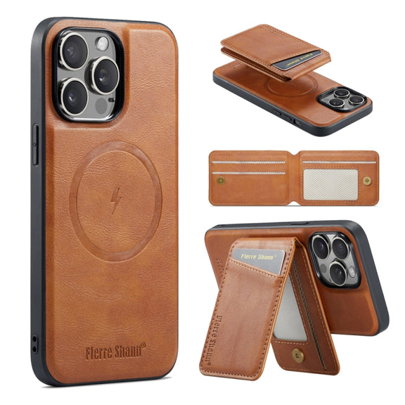 For iPhone 16 Pro Max Fierre Shann Cowhide Vertical Flip Magnetic Card Holder Phone Case(Brown)