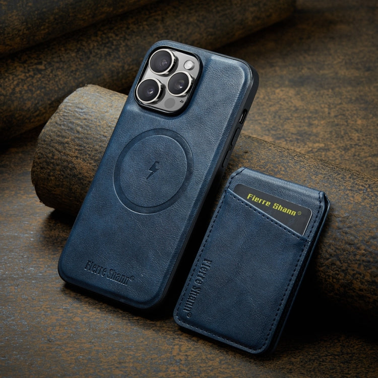 For iPhone 16 Pro Max Fierre Shann Cowhide Vertical Flip Magnetic Card Holder Phone Case(Blue)