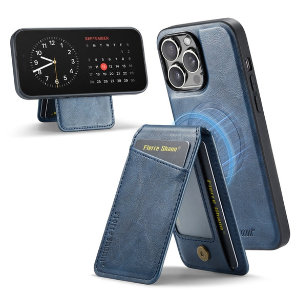 For iPhone 16 Pro Max Fierre Shann Cowhide Vertical Flip Magnetic Card Holder Phone Case(Blue)
