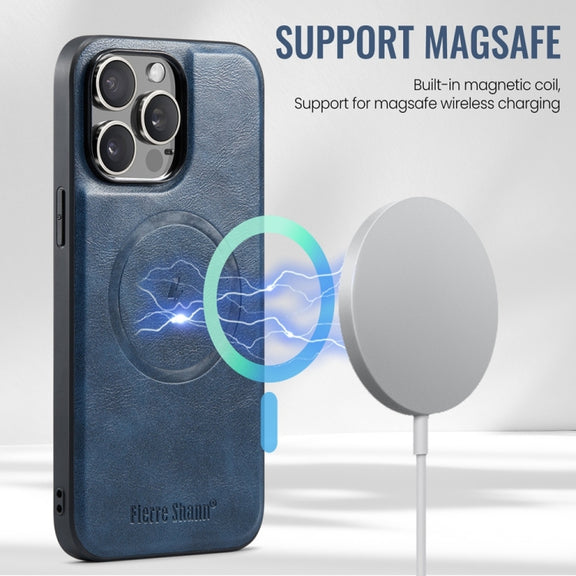 For iPhone 16 Pro Max Fierre Shann Cowhide Vertical Flip Magnetic Card Holder Phone Case(Blue)