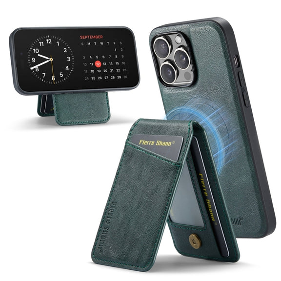 For iPhone 16 Pro Max Fierre Shann Cowhide Vertical Flip Magnetic Card Holder Phone Case(Green)