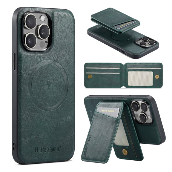 For iPhone 16 Pro Max Fierre Shann Cowhide Vertical Flip Magnetic Card Holder Phone Case(Green)