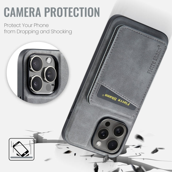 For iPhone 16 Pro Max Fierre Shann Cowhide Vertical Flip Magnetic Card Holder Phone Case(Grey)