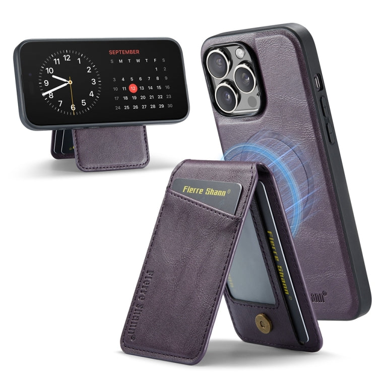 For iPhone 16 Pro Max Fierre Shann Cowhide Vertical Flip Magnetic Card Holder Phone Case(Purple)