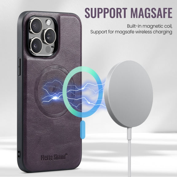 For iPhone 16 Pro Max Fierre Shann Cowhide Vertical Flip Magnetic Card Holder Phone Case(Purple)