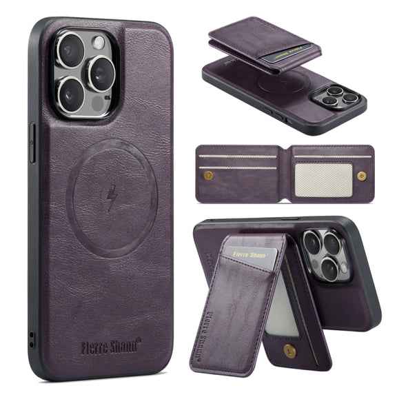 For iPhone 16 Pro Max Fierre Shann Cowhide Vertical Flip Magnetic Card Holder Phone Case(Purple)