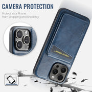 For iPhone 16 Pro Fierre Shann Cowhide Vertical Flip Magnetic Card Holder Phone Case(Blue)