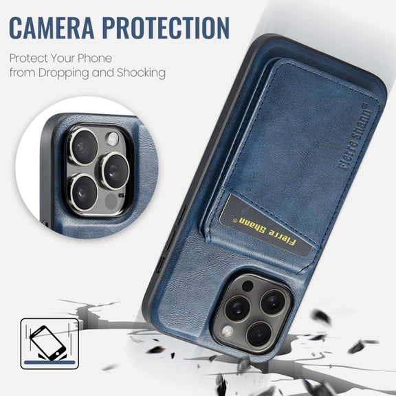 For iPhone 16 Pro Fierre Shann Cowhide Vertical Flip Magnetic Card Holder Phone Case(Blue)