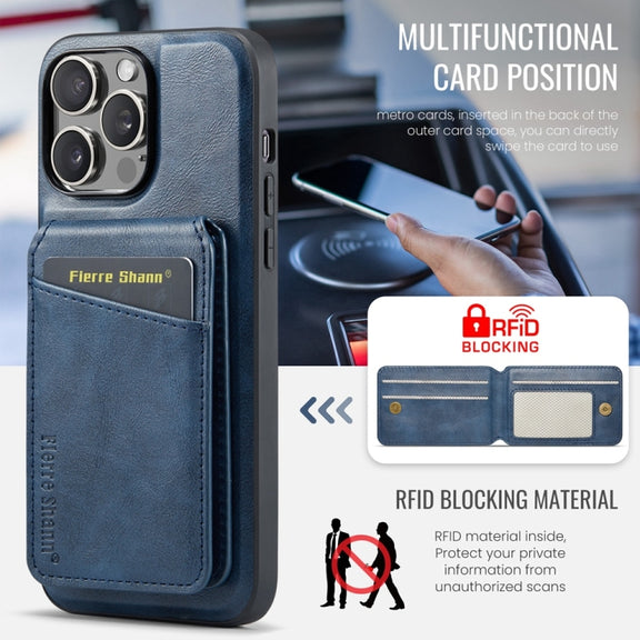 For iPhone 16 Pro Fierre Shann Cowhide Vertical Flip Magnetic Card Holder Phone Case(Blue)