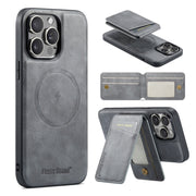 For iPhone 16 Pro Fierre Shann Cowhide Vertical Flip Magnetic Card Holder Phone Case(Grey)