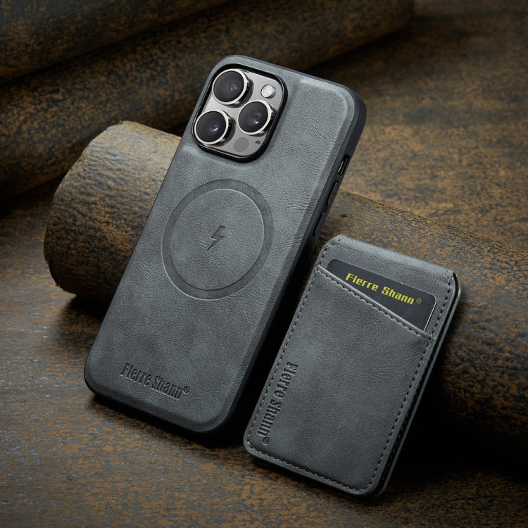 For iPhone 16 Pro Fierre Shann Cowhide Vertical Flip Magnetic Card Holder Phone Case(Grey)