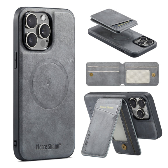 For iPhone 16 Pro Fierre Shann Cowhide Vertical Flip Magnetic Card Holder Phone Case(Grey)