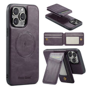 For iPhone 16 Pro Fierre Shann Cowhide Vertical Flip Magnetic Card Holder Phone Case(Purple)