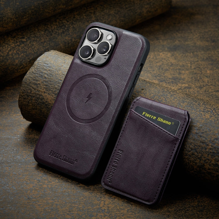 For iPhone 16 Pro Fierre Shann Cowhide Vertical Flip Magnetic Card Holder Phone Case(Purple)