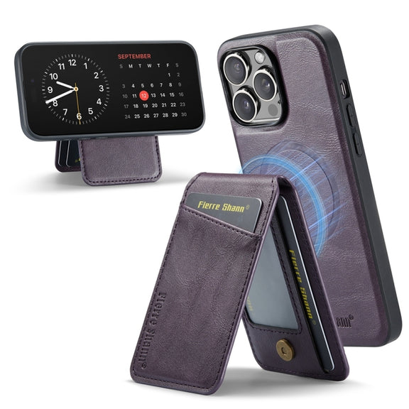 For iPhone 16 Pro Fierre Shann Cowhide Vertical Flip Magnetic Card Holder Phone Case(Purple)
