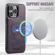 For iPhone 16 Pro Fierre Shann Cowhide Vertical Flip Magnetic Card Holder Phone Case(Purple)