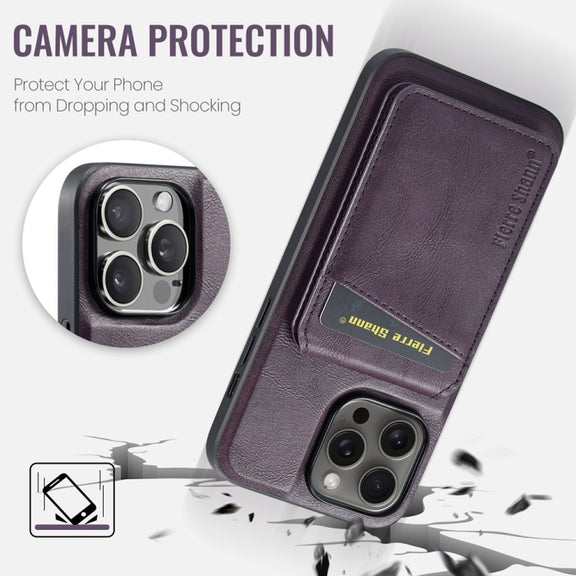 For iPhone 16 Pro Fierre Shann Cowhide Vertical Flip Magnetic Card Holder Phone Case(Purple)