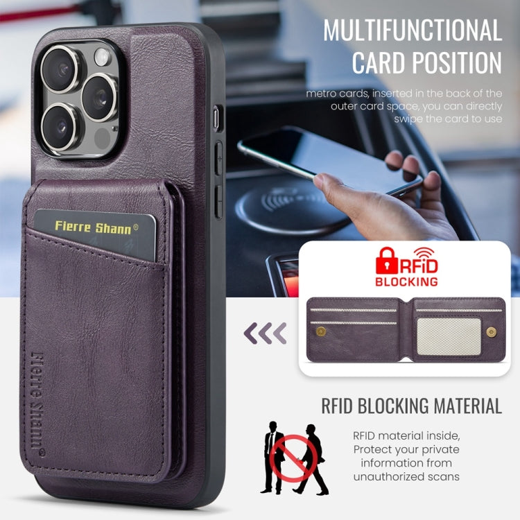 For iPhone 16 Pro Fierre Shann Cowhide Vertical Flip Magnetic Card Holder Phone Case(Purple)