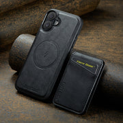 For iPhone 16 Plus Fierre Shann Cowhide Vertical Flip Magnetic Card Holder Phone Case(Black)