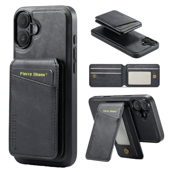 For iPhone 16 Plus Fierre Shann Cowhide Vertical Flip Magnetic Card Holder Phone Case(Black)