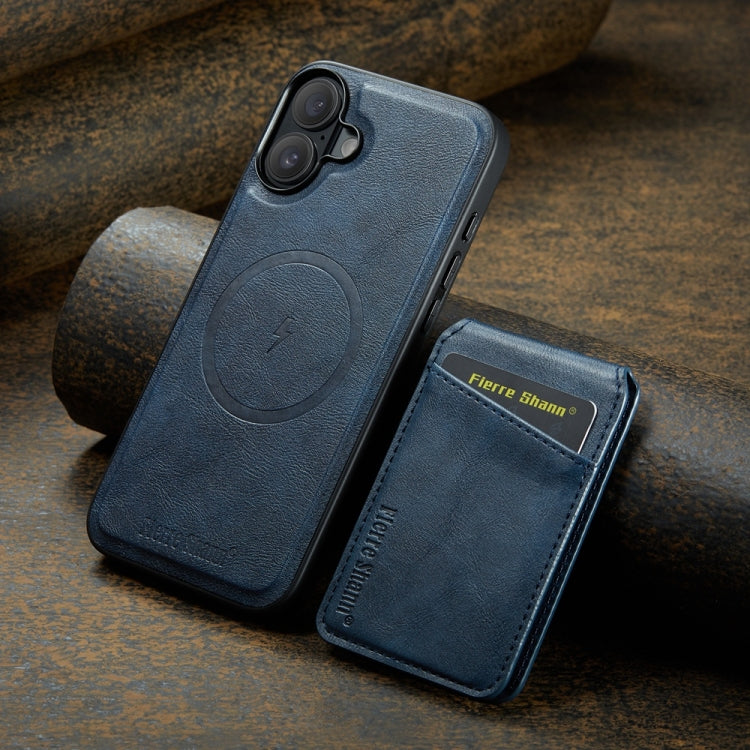 For iPhone 16 Plus Fierre Shann Cowhide Vertical Flip Magnetic Card Holder Phone Case(Blue)