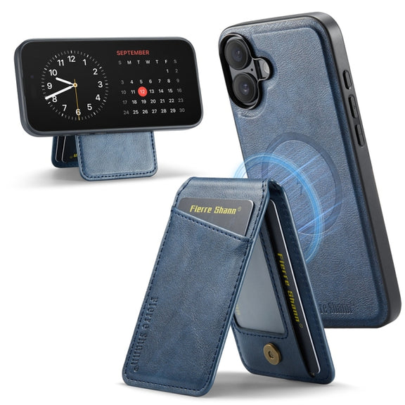 For iPhone 16 Plus Fierre Shann Cowhide Vertical Flip Magnetic Card Holder Phone Case(Blue)