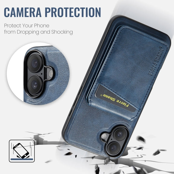 For iPhone 16 Plus Fierre Shann Cowhide Vertical Flip Magnetic Card Holder Phone Case(Blue)