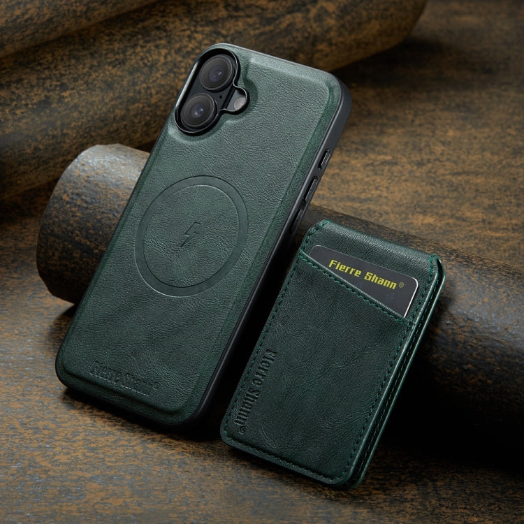For iPhone 16 Plus Fierre Shann Cowhide Vertical Flip Magnetic Card Holder Phone Case(Green) - free shipping - PMC Jewellery - Order now!