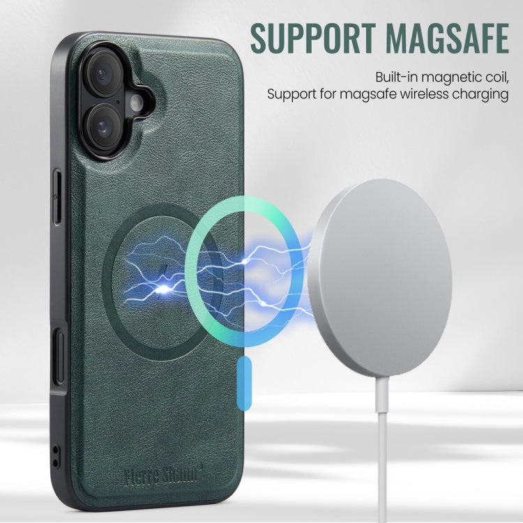 For iPhone 16 Plus Fierre Shann Cowhide Vertical Flip Magnetic Card Holder Phone Case(Green)