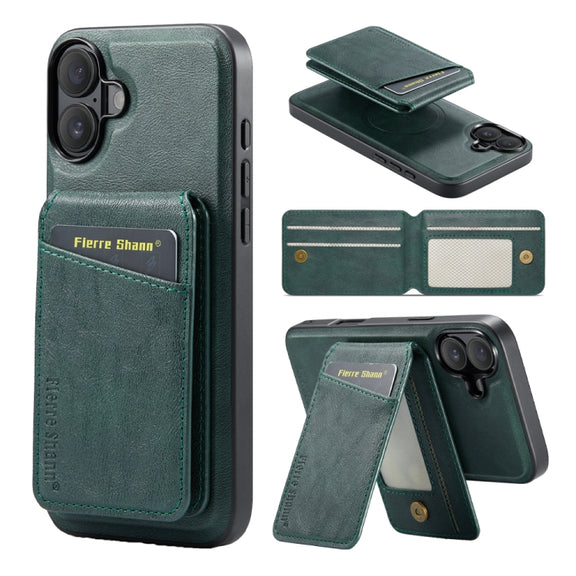 For iPhone 16 Plus Fierre Shann Cowhide Vertical Flip Magnetic Card Holder Phone Case(Green)