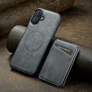 For iPhone 16 Plus Fierre Shann Cowhide Vertical Flip Magnetic Card Holder Phone Case(Grey)