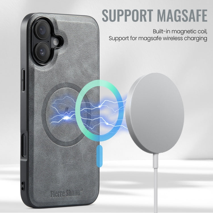 For iPhone 16 Plus Fierre Shann Cowhide Vertical Flip Magnetic Card Holder Phone Case(Grey)
